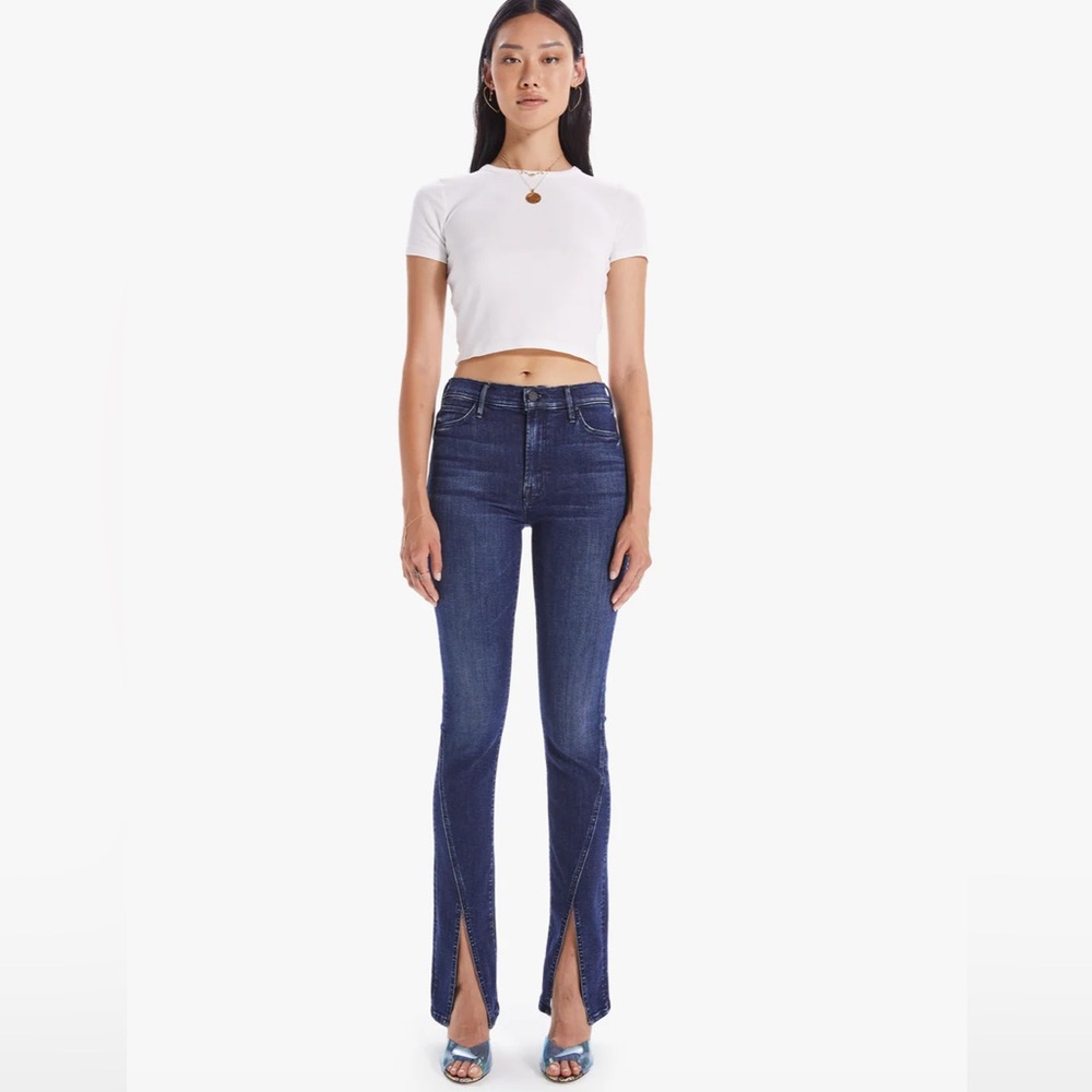 MOTHER 33” Inseam Sliced up Heel Dark Blue Flare Jeans Sz 31